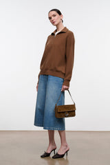 Cashmere sweater in cigar brown with half-zip collar, long sleeves, ribbed cuffs