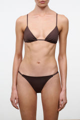 Dark chocolate string bikini bottom with thin side ties, low-rise coverage.