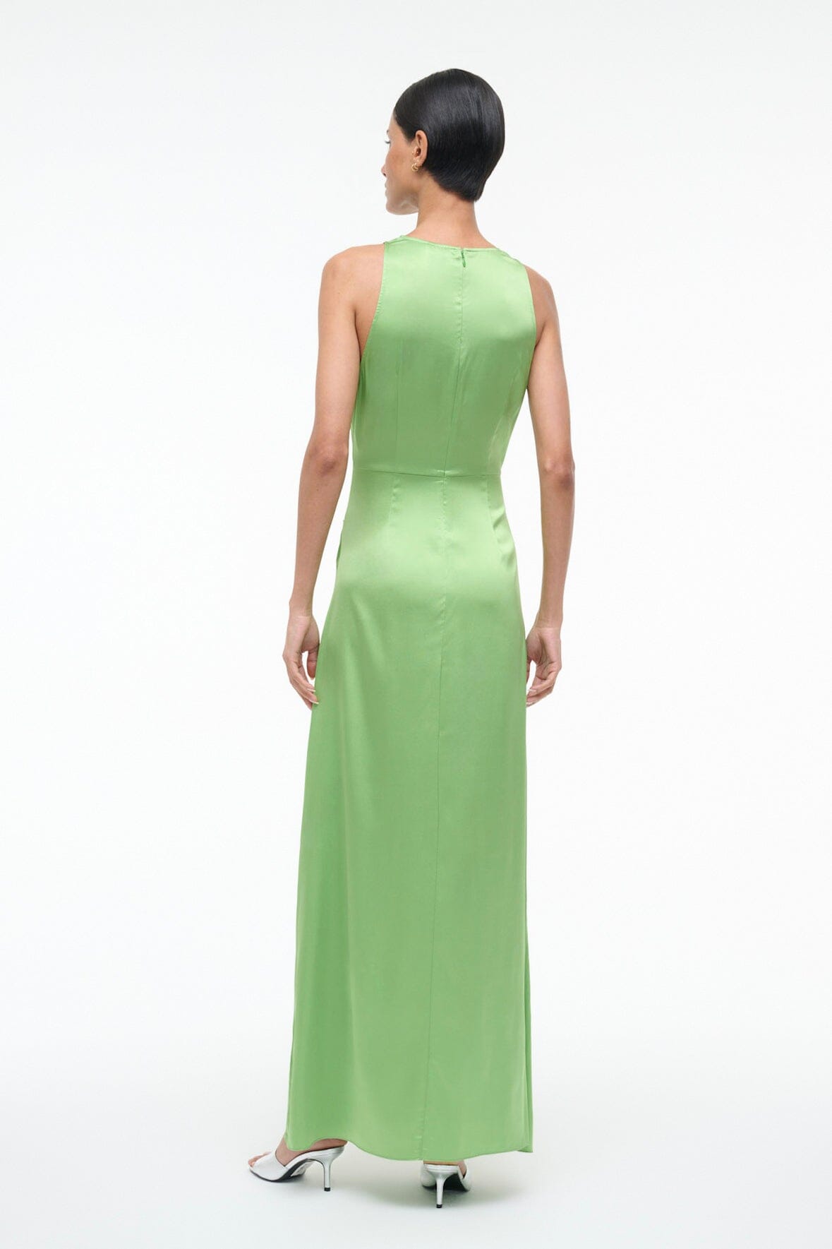 Green silk sleeveless maxi dress, back view with gathered waist knot detail