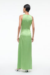 Green silk sleeveless maxi dress, back view with gathered waist knot detail