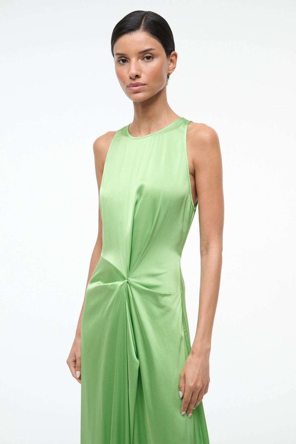 Green silk sleeveless maxi dress with center ruched knot detail at the waist