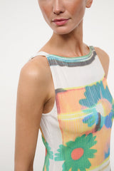 Sleeveless knit top with scoop neck and multicolor floral print, striped trim