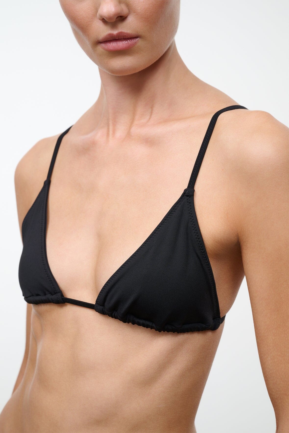 Black triangle bikini top with V-neck straps and front trim