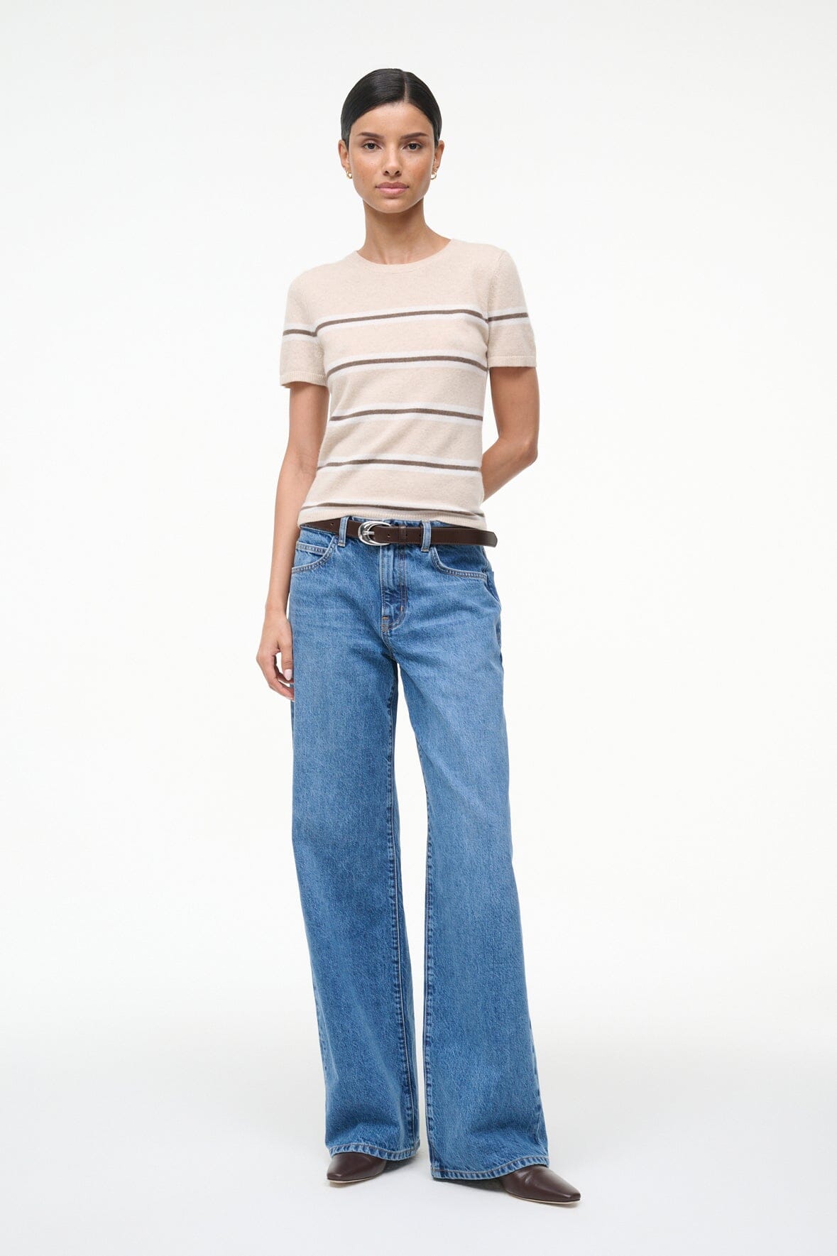 Cashmere tee in light beige with wide horizontal stripe bands, short sleeves