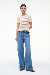 Cashmere tee in light beige with wide horizontal stripe bands, short sleeves