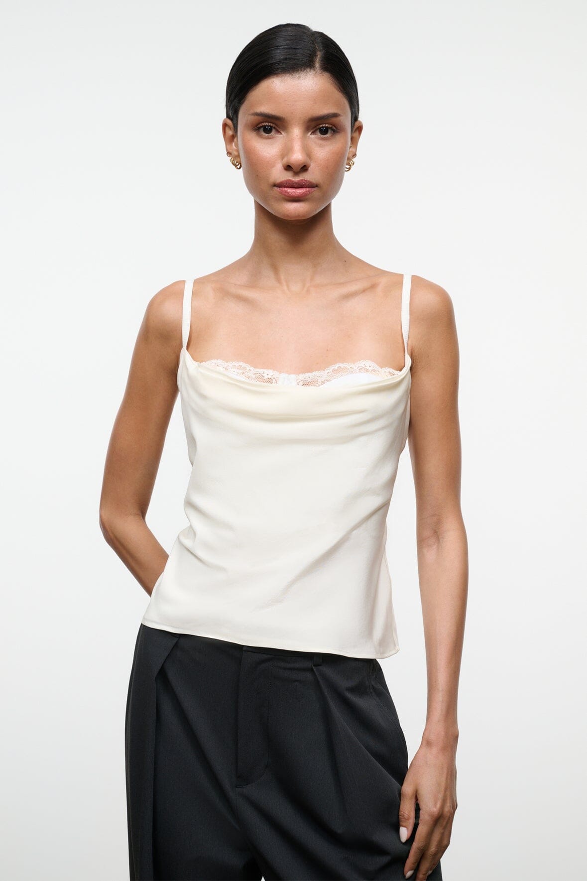 Ivory silk camisole top with lace-trim neckline and fitted drape