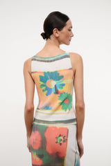 Back view of sleeveless knit top with multicolor floral print and striped neckline