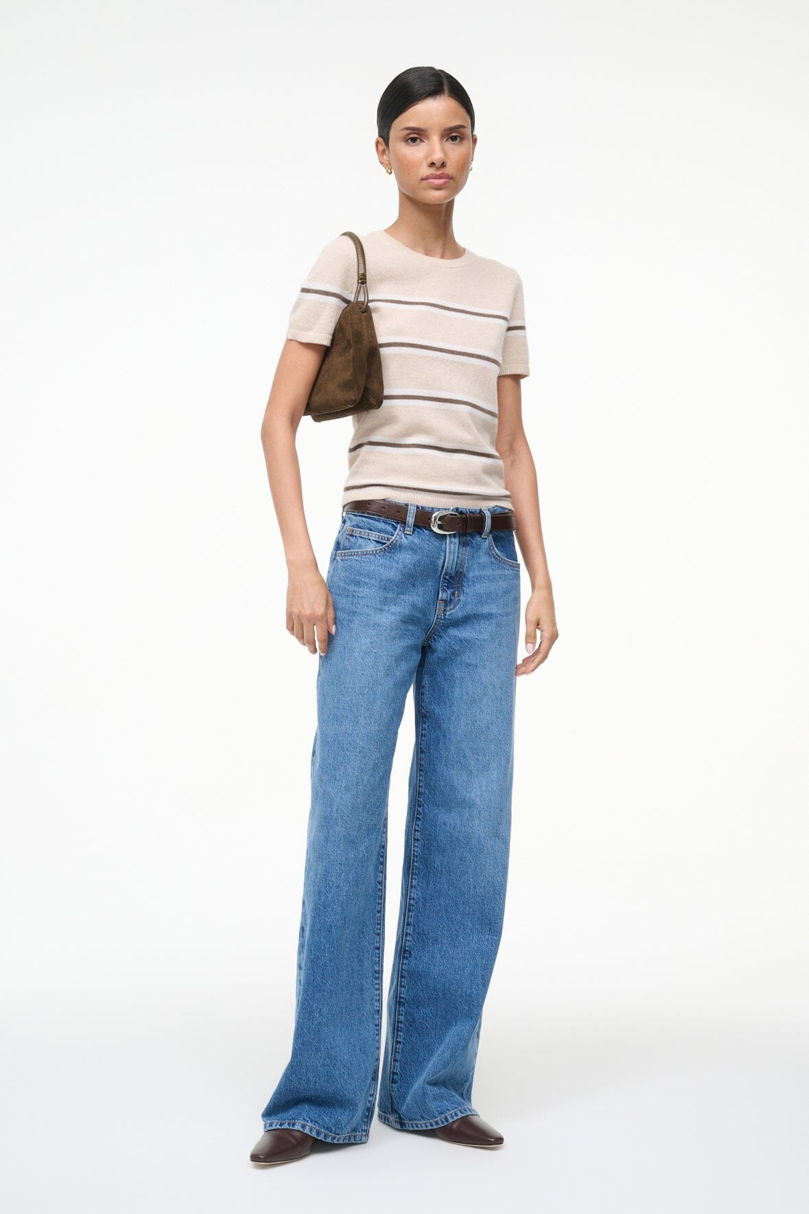 Cashmere tee in light beige with wide horizontal stripe bands and crew neckline