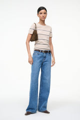 Cashmere tee in light beige with wide horizontal stripe bands and crew neckline