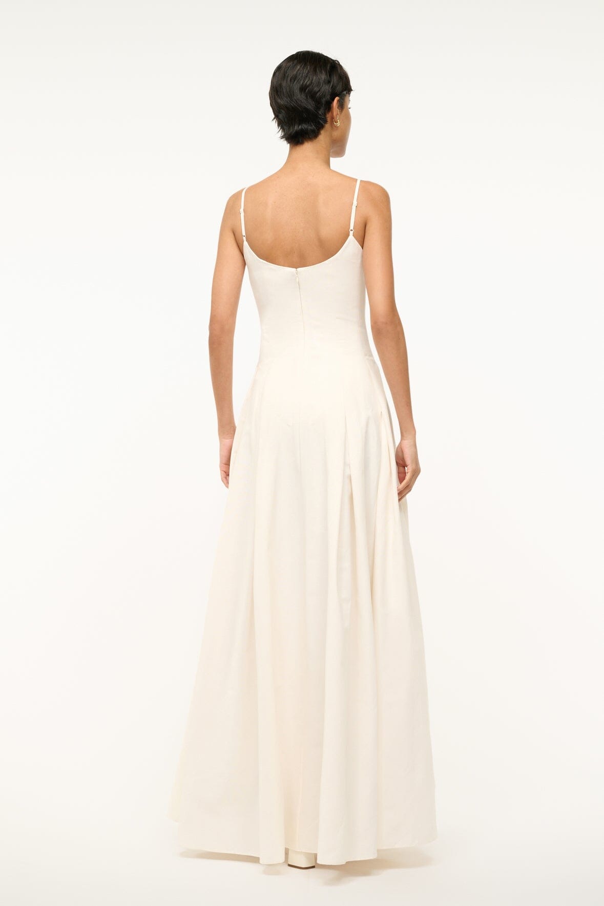 Ivory maxi dress from back view, open back with thin shoulder straps