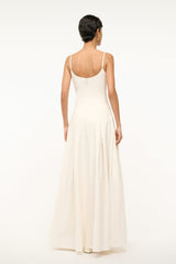 Ivory maxi dress from back view, open back with thin shoulder straps