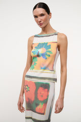 Sleeveless knit top with multicolor floral design blocks and striped trim