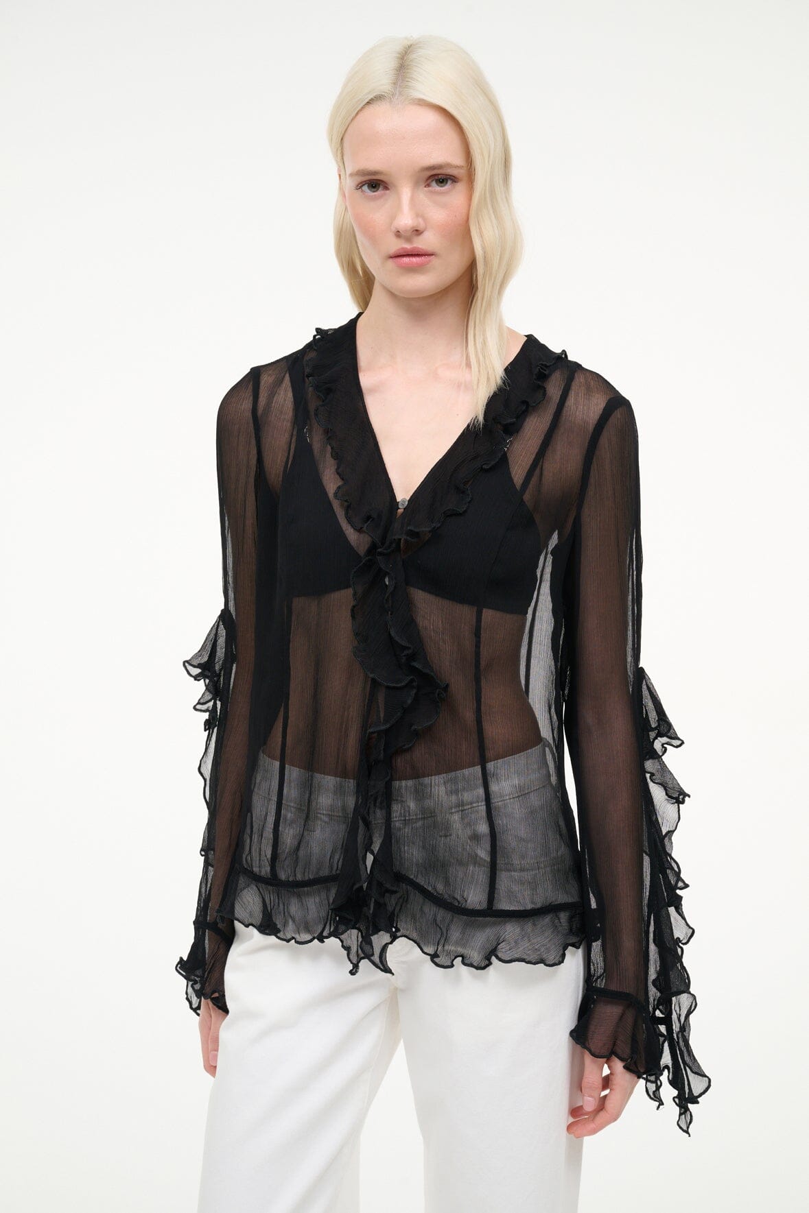 Black sheer ruffle V-neck top with button front and long layered sleeves
