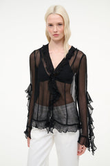 Black sheer ruffle V-neck top with button front and long layered sleeves