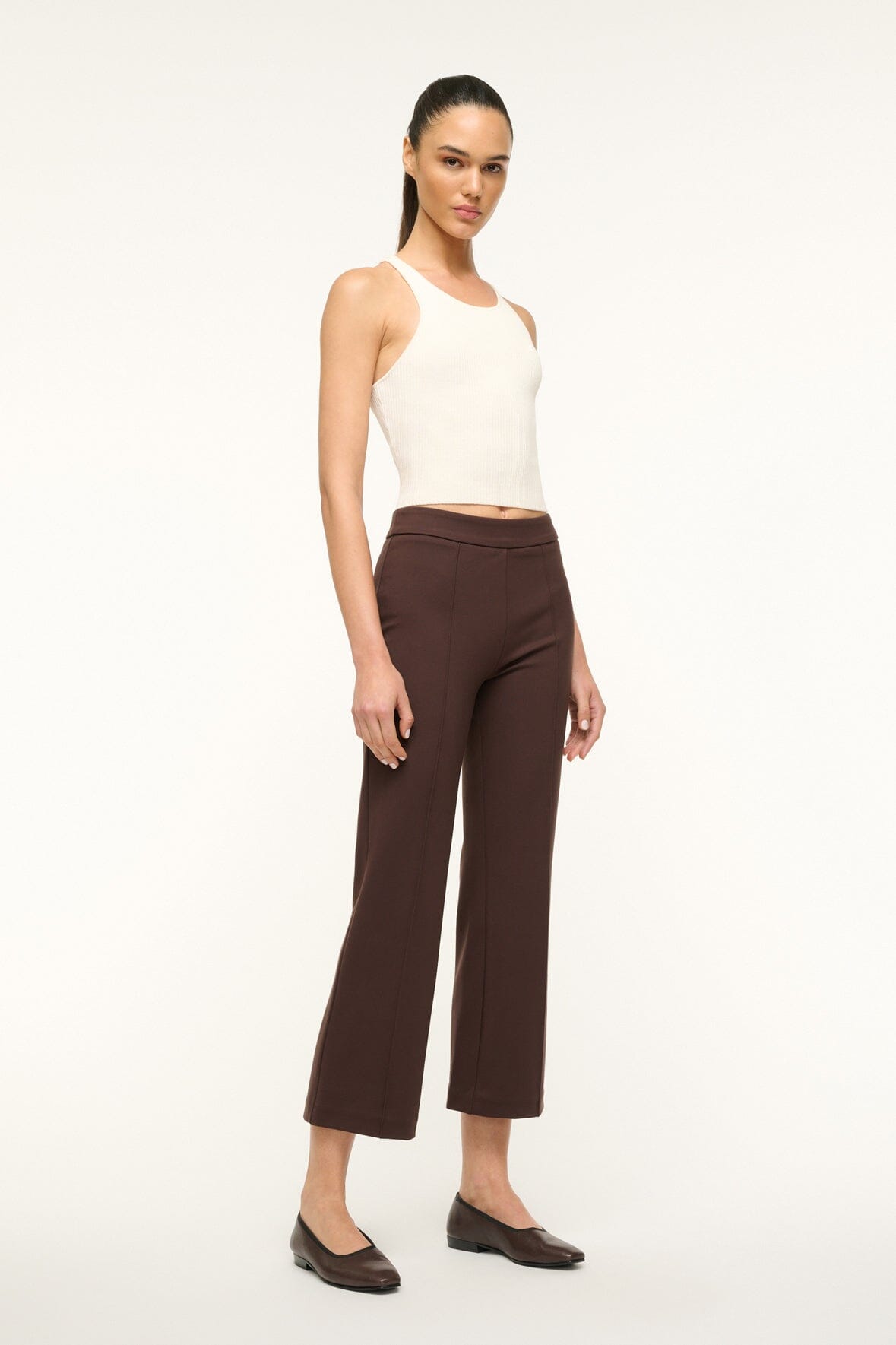 Women's dark chocolate brown wide-leg pants with mid-rise waistband and ankle-length hem.