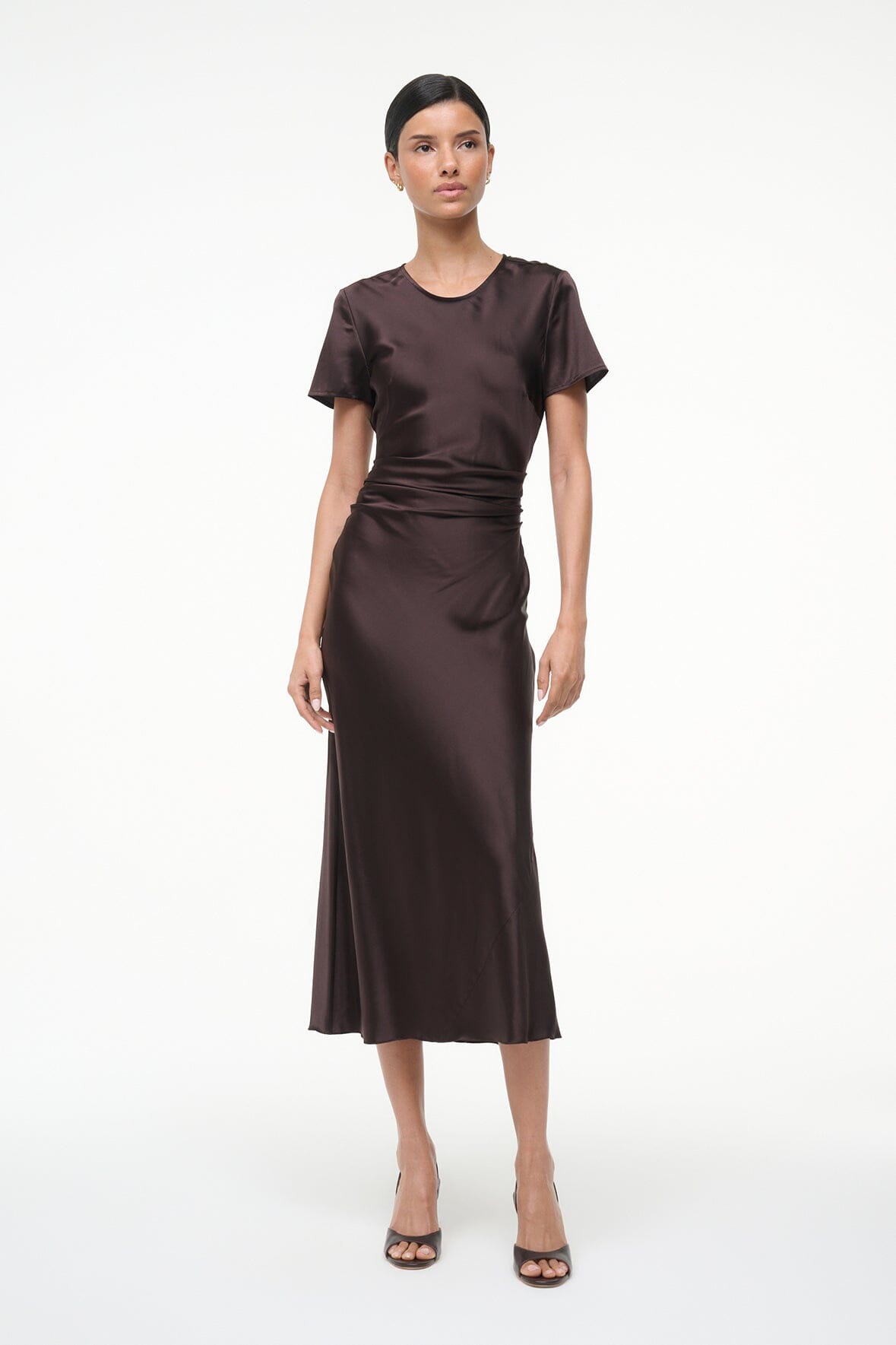 Marcel silk dress, short-sleeve crew neck, draped ruched waist, dark brown midi
