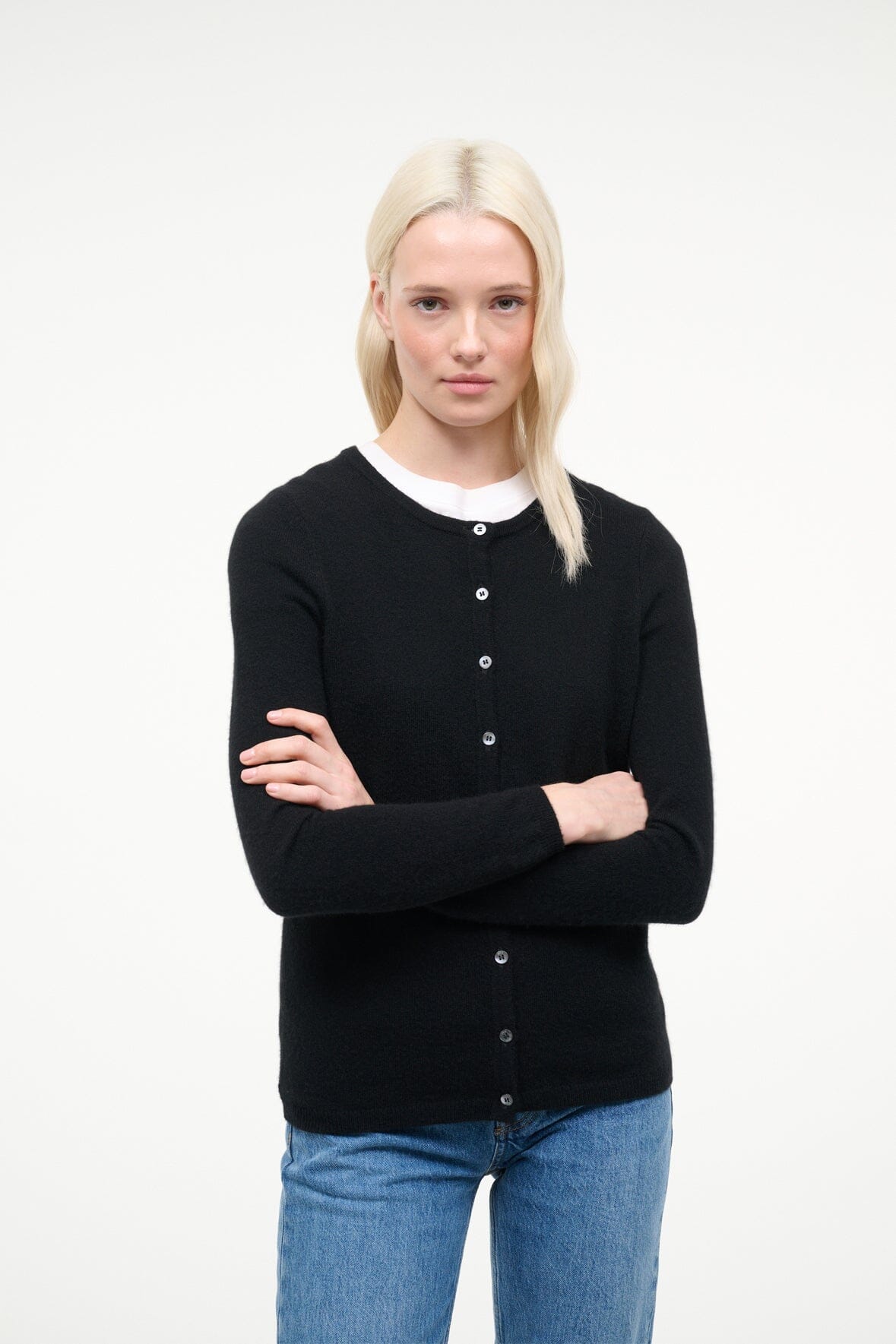 Black cashmere cardigan with button-front, crew neckline, and long sleeves