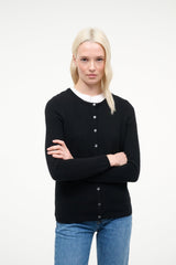 Black cashmere cardigan with button-front, crew neckline, and long sleeves