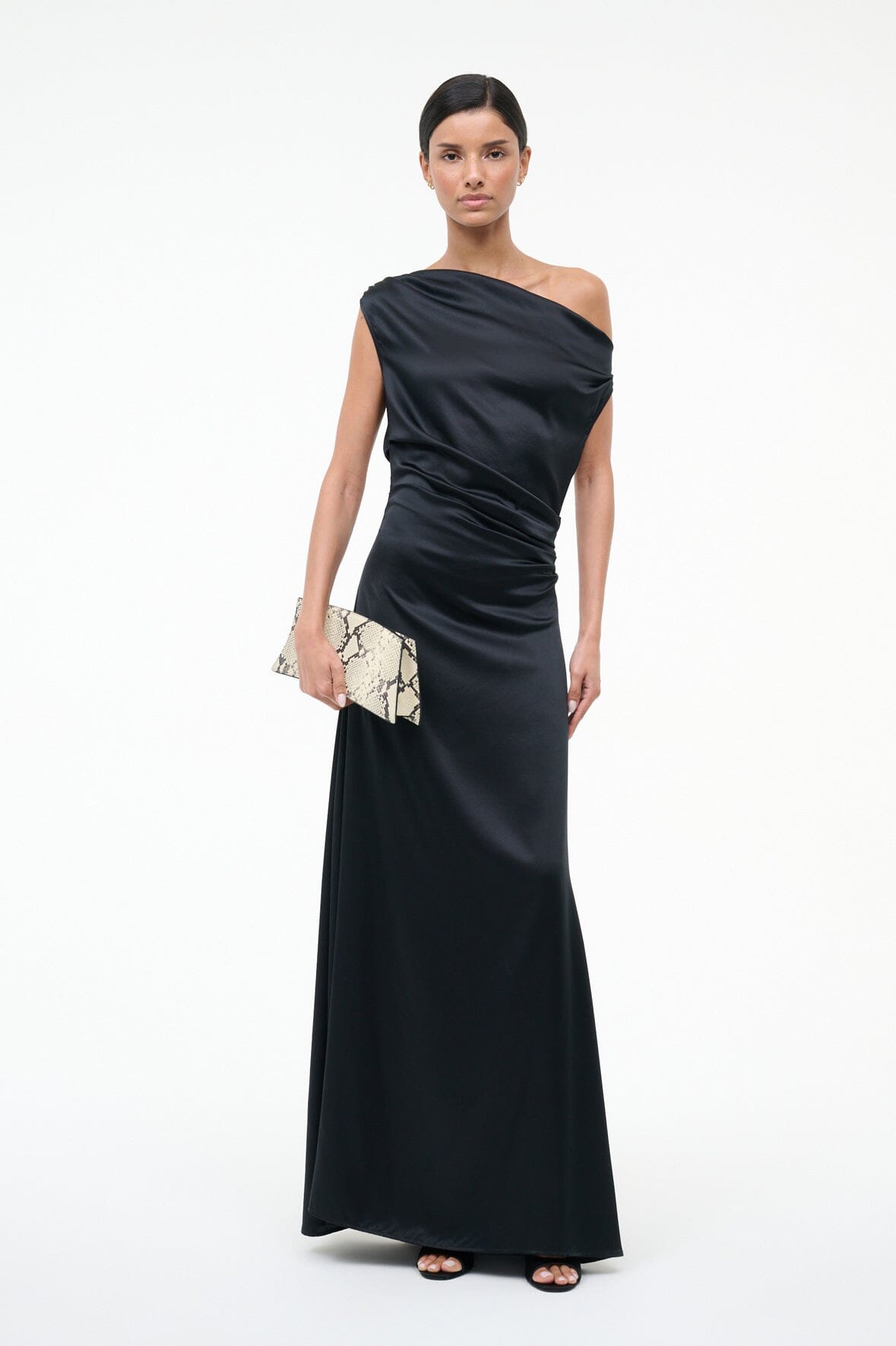 Black silk maxi dress with diagonal drape, asym one-shoulder strap, and ruched waist
