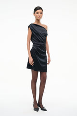 Black one-shoulder mini silk dress with gathered drape at waist and skirt