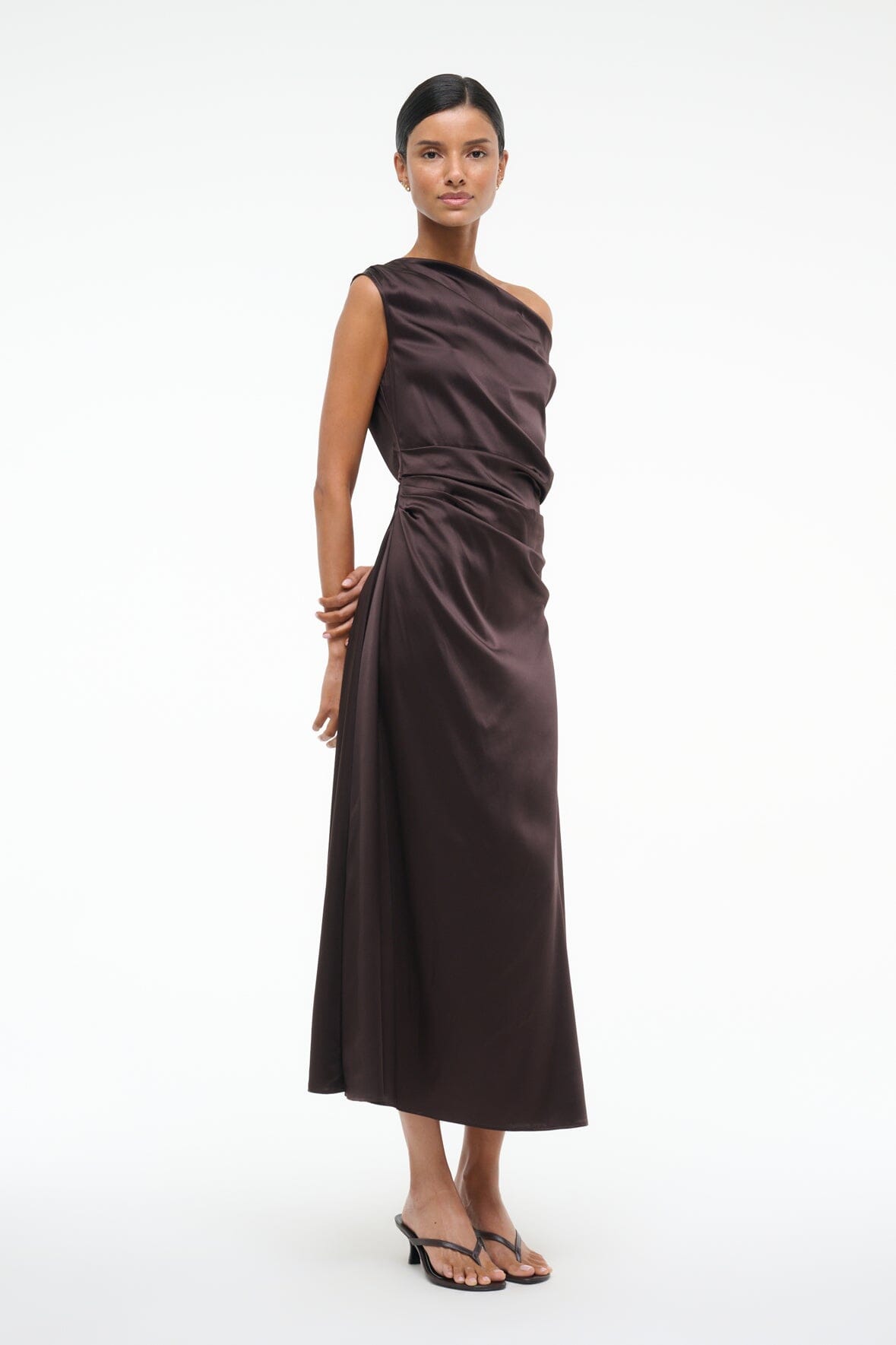 Silk midi dress in dark brown with diagonal one-shoulder wrap and gathered seam