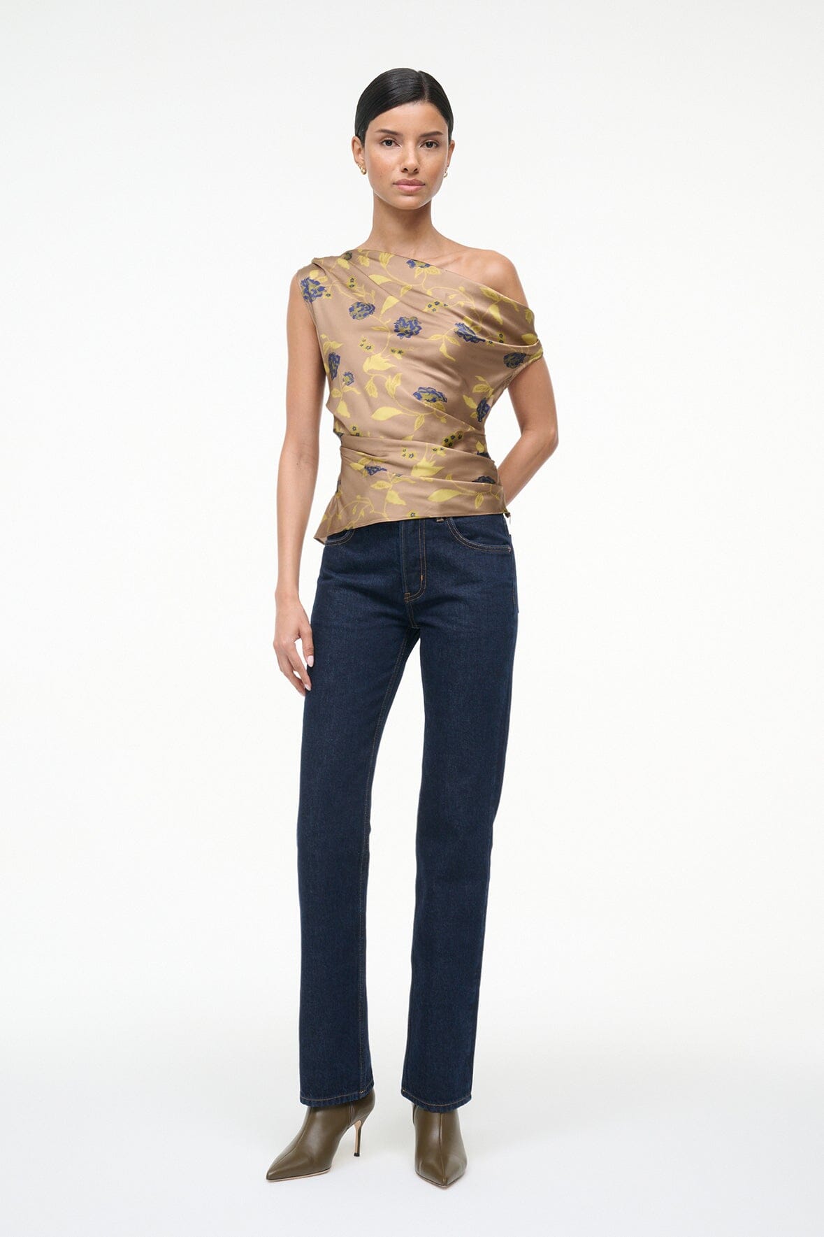 One-shoulder draped silk top with vintage floral print, asymmetrical neckline