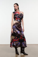 Asymmetric one-shoulder silk midi dress with multicolor butterfly print