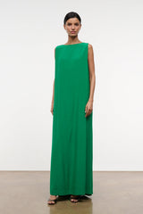 Green sleeveless maxi silk dress with crew neckline and center back seam
