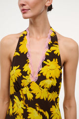 Yellow daisy print halter mini dress with pink lace-trim V neckline