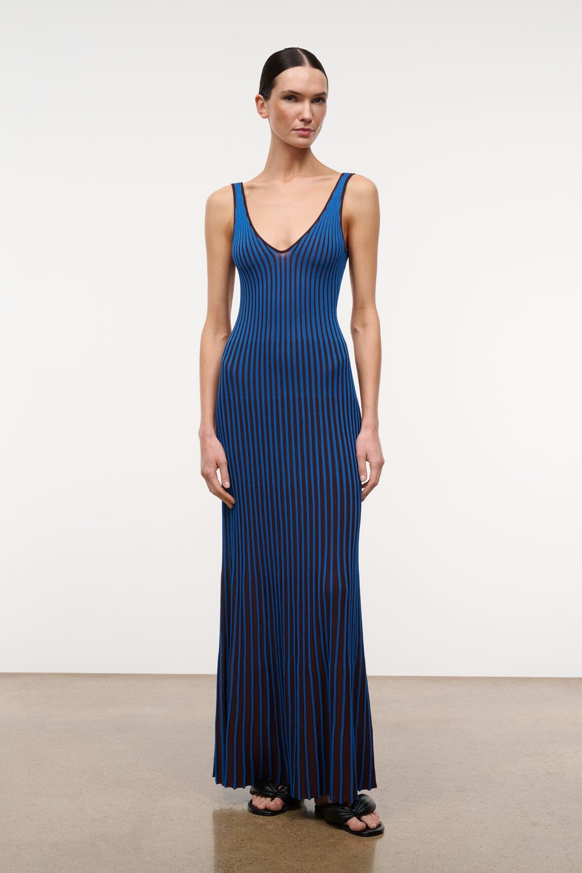 Sleeveless V-neck maxi dress, long length, vertical cobalt and dark stripe knit