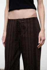 Women’s espresso-brown striped jeans with button fly and belt loops