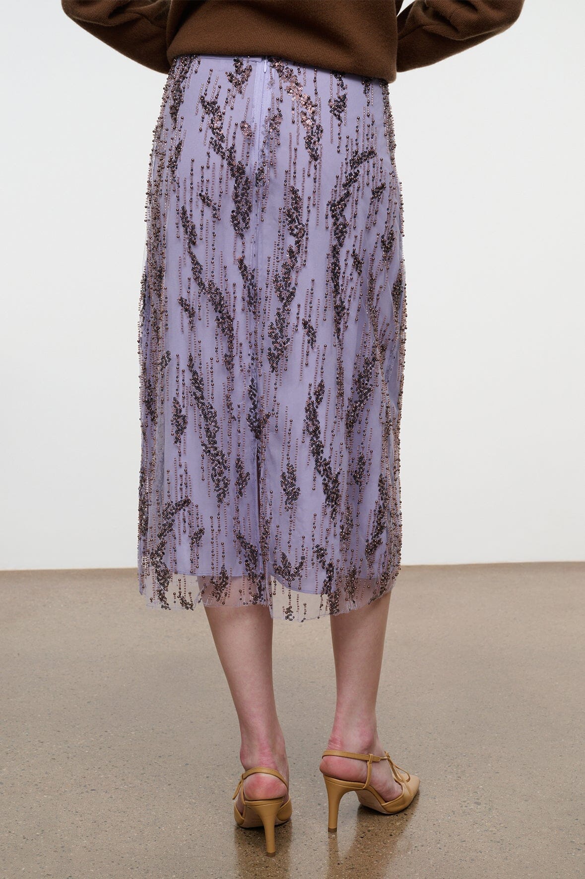 Lilac sequin midi skirt with beaded stripe pattern and fringe hem