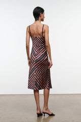 EVANGELINE silk midi dress with chevron stripes, spaghetti straps, V-back.