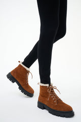 Tabac suede lace-up combat boots with padded ankle cuff and lug sole