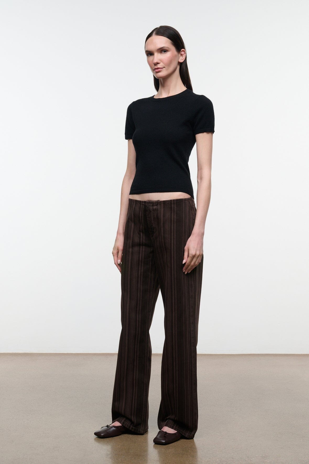 Women’s espresso-brown striped jeans, front view with wide straight legs