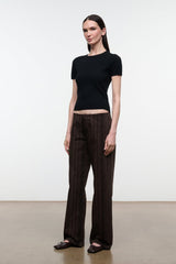 Women’s espresso-brown striped jeans, front view with wide straight legs