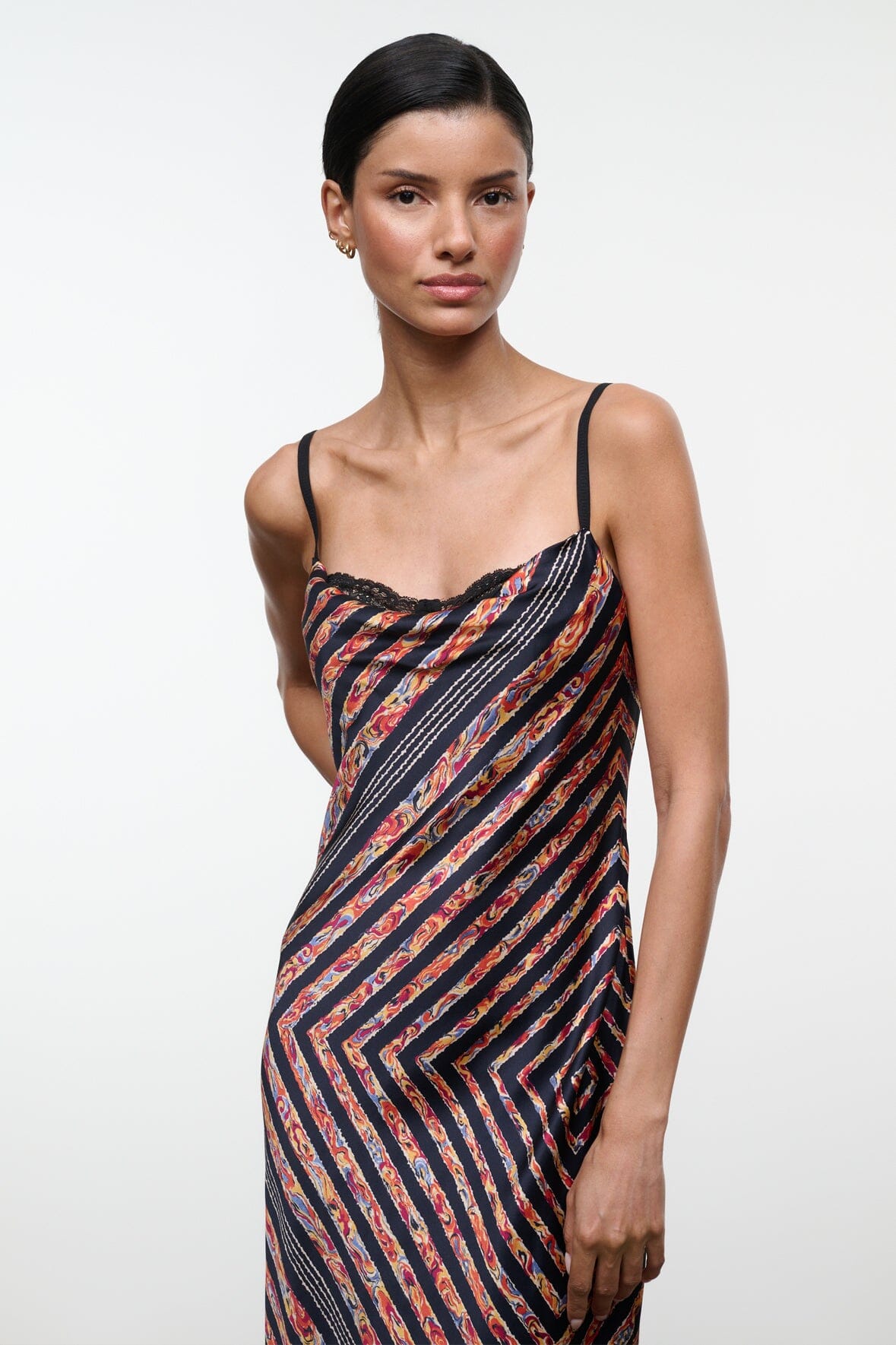 EVANGELINE silk midi dress with chevron print, lace-trim neckline, spaghetti straps.