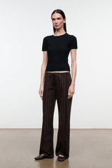 Women’s espresso-brown striped jeans, front view with relaxed wide fit