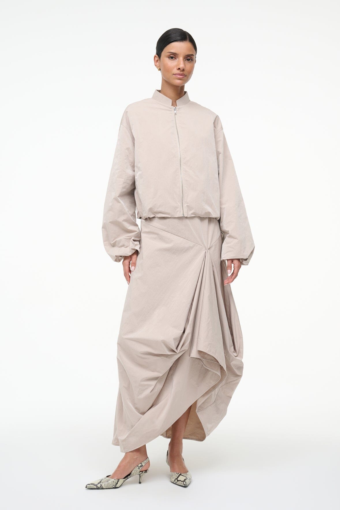 Fawn relaxed-fit zip jacket with stand collar and draped hem