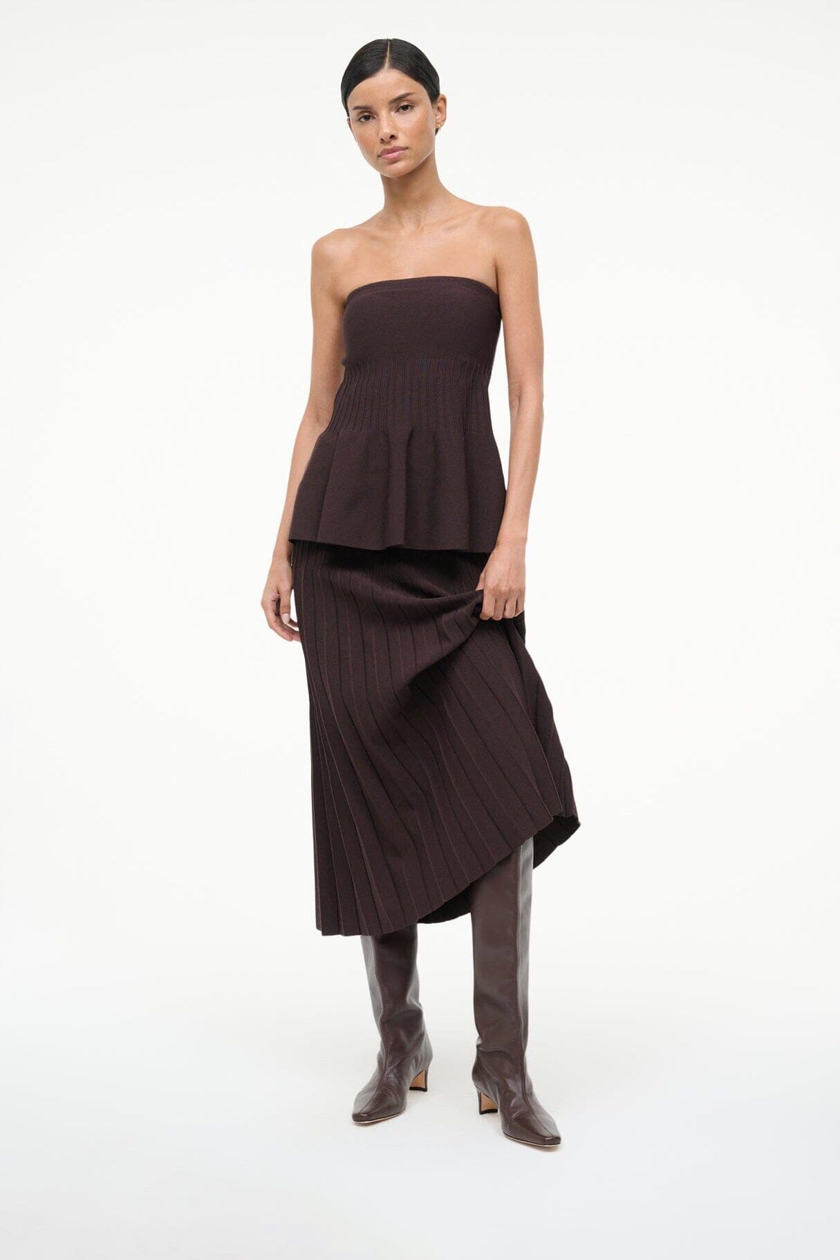 Strapless knit dress and espresso brown tall heeled boots with pointed toe