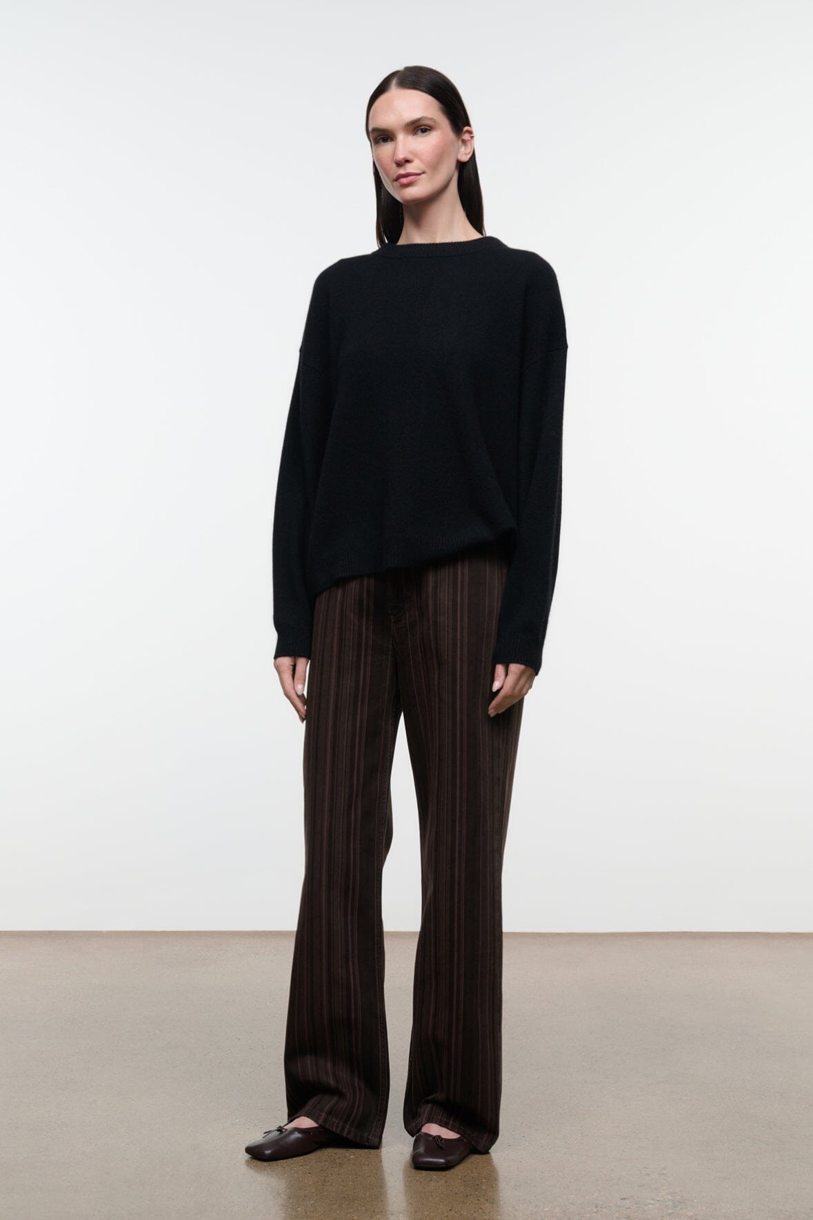 Women’s espresso-brown striped jeans, full back view with wide legs