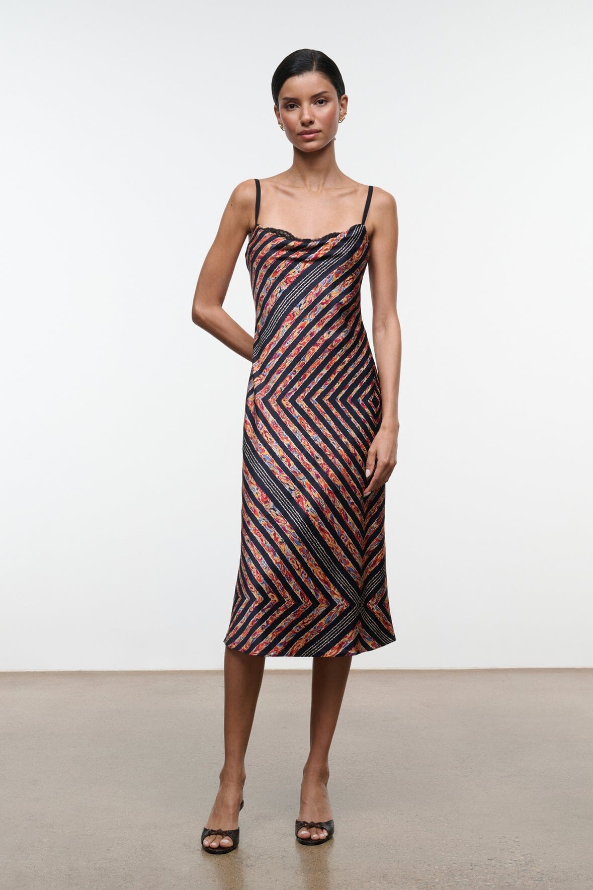 EVANGELINE silk midi dress with draped cowl neckline and chevron stripes, spaghetti straps.