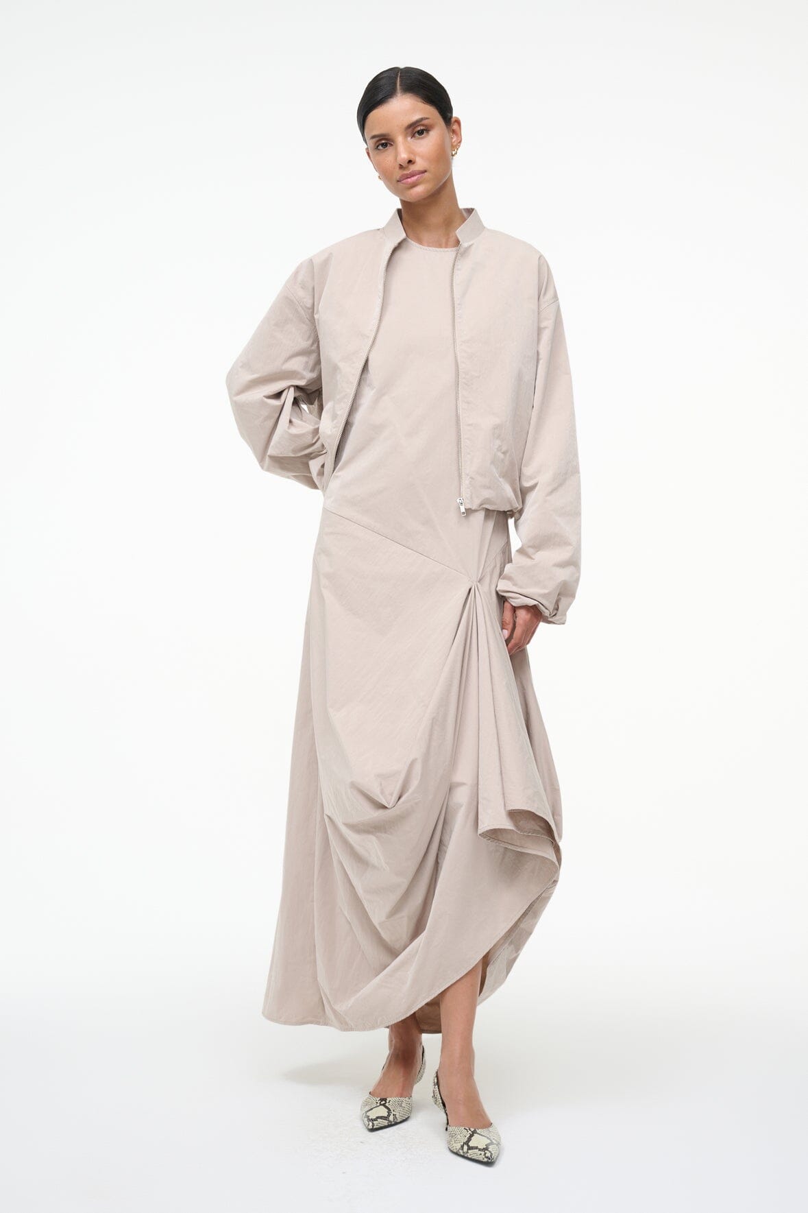 Fawn zip jacket with stand collar and side drape detail