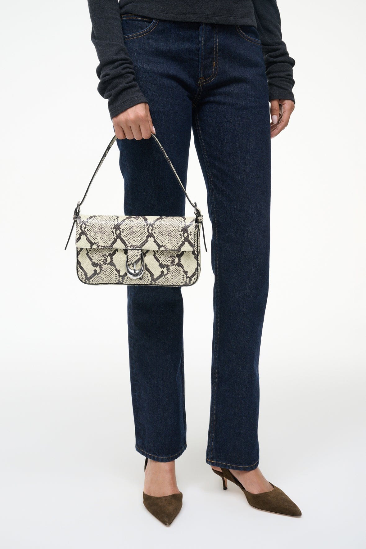 Harlow bag on shoulder strap, white snake-print with structured top flap