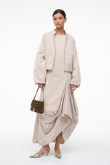Fawn stand-collar zip jacket with elastic cuffs and draped hem