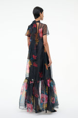 Black floral sheer dress with open back detail and tiered maxi skirt