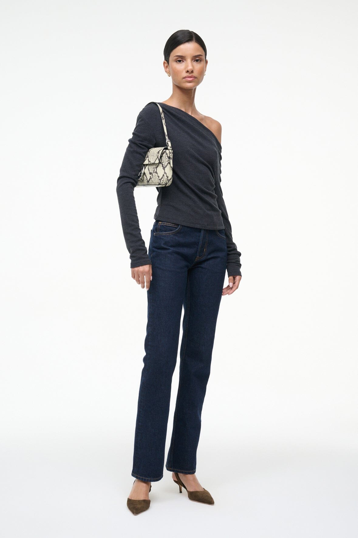Harlow bag with one-shoulder strap, white snake-print flap and silver clasp