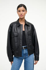 Black leather bomber jacket with zip front and flap pockets, stand collar