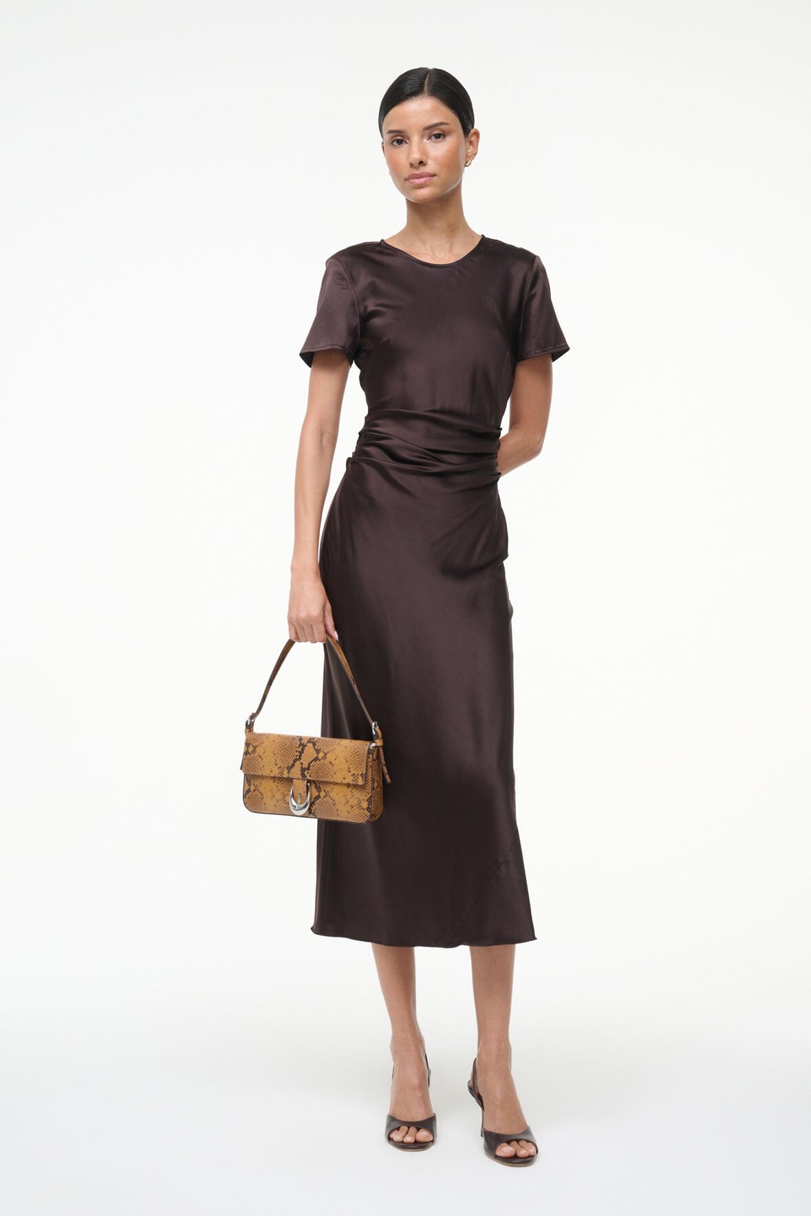 Marcel silk dress with ruched waist detail, short sleeves, dark brown midi, front view