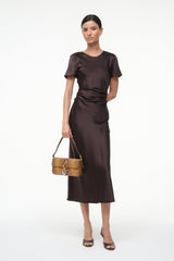 Marcel silk dress with ruched waist detail, short sleeves, dark brown midi, front view